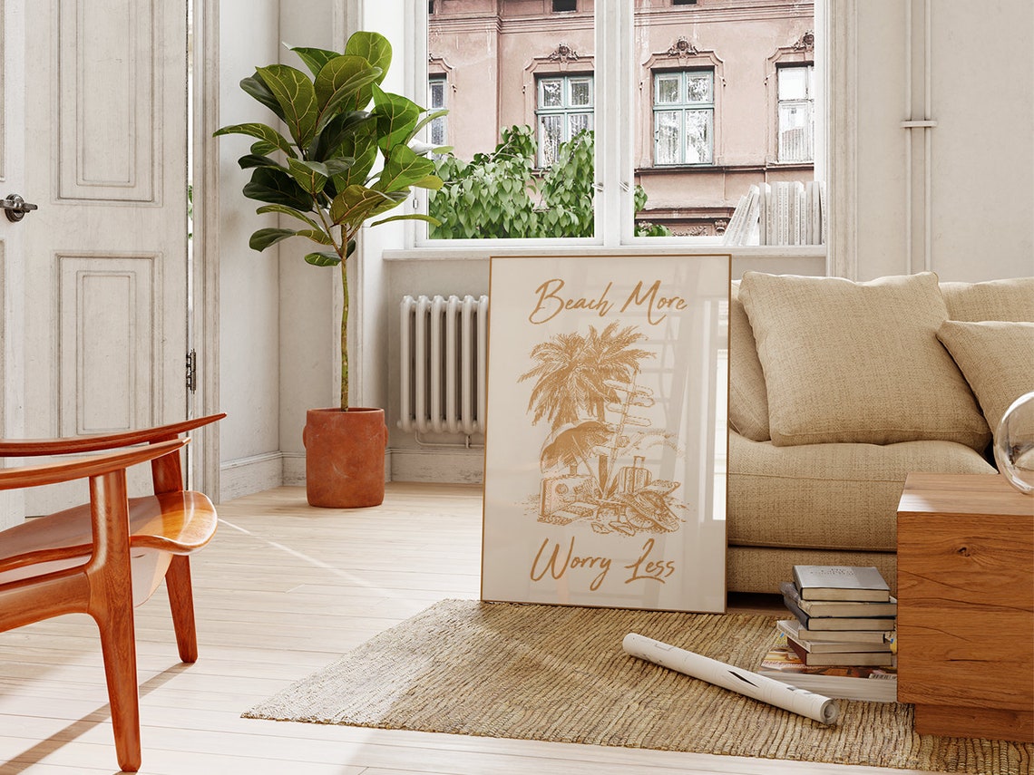 Beach More Worry Less Copper Palm Tree Script Beach Quote Poster
