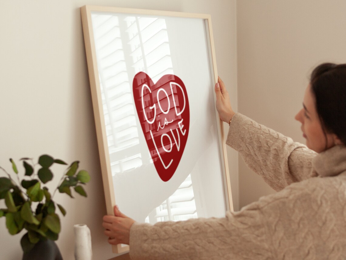 God Is Love Red Heart Hand Lettered White Christian Faith Poster - Image 2