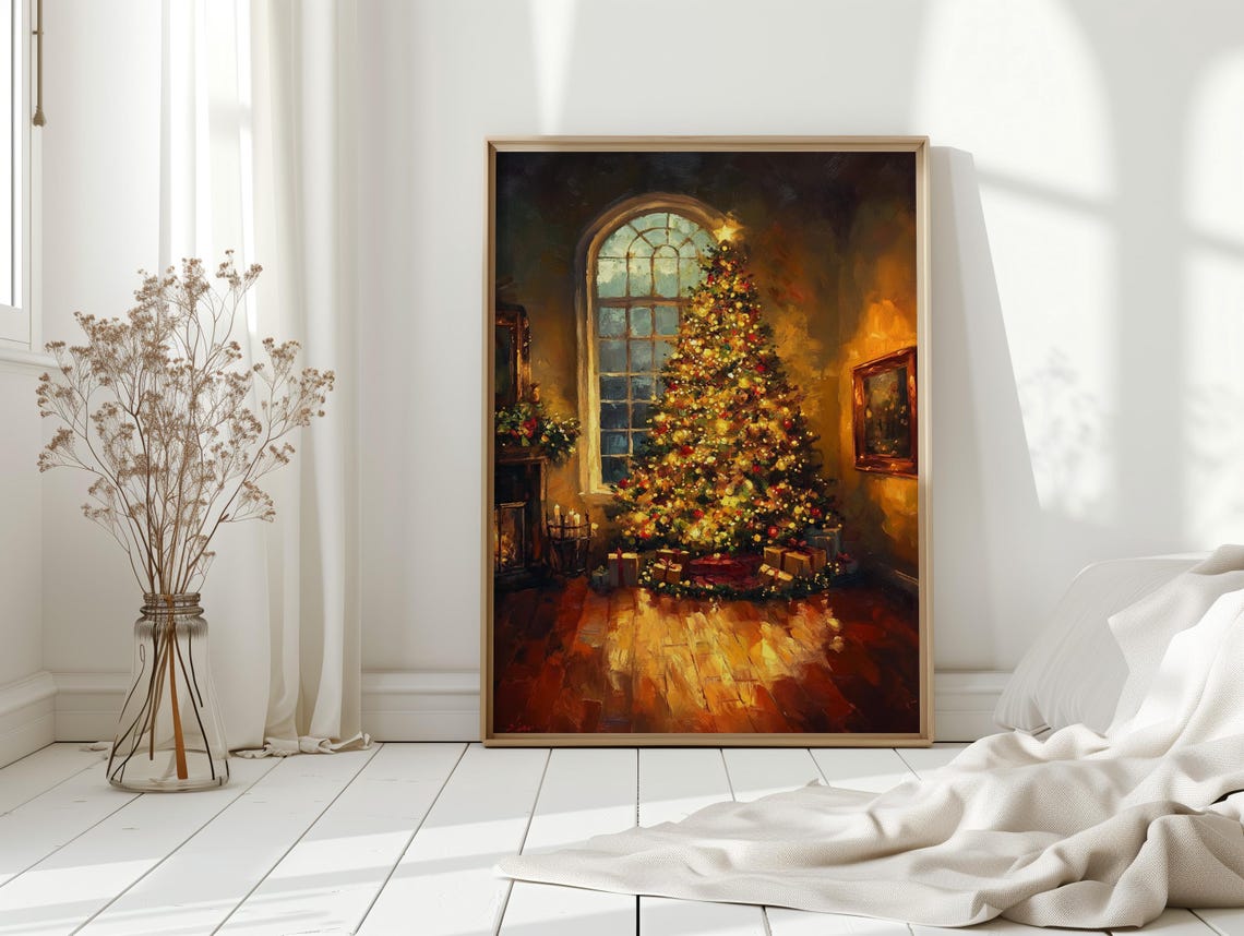 Glowing Christmas Tree By The Fireplace Cozy Holiday Living Room Scene With Lights Gifts Garland In Oil Painting Style Print - Image 2