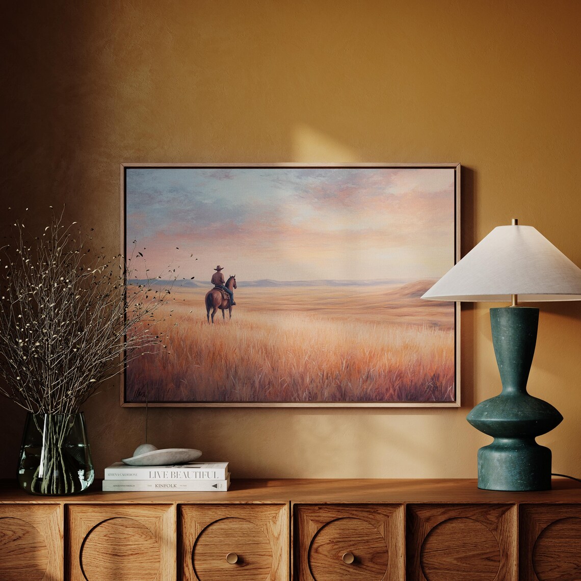 Cowboy Watching Prairie Sunset Serene Western Horseback Wall Art Open Range Landscape Print In Warm Pastel Tones - Image 5