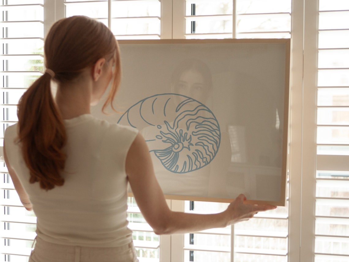 Blue Nautilus Shell Line Drawing Cream Coastal Minimalist Wall Art - Image 2
