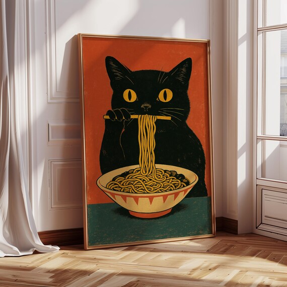 Black Cat Eating Ramen, Funny Retro Japanese Style