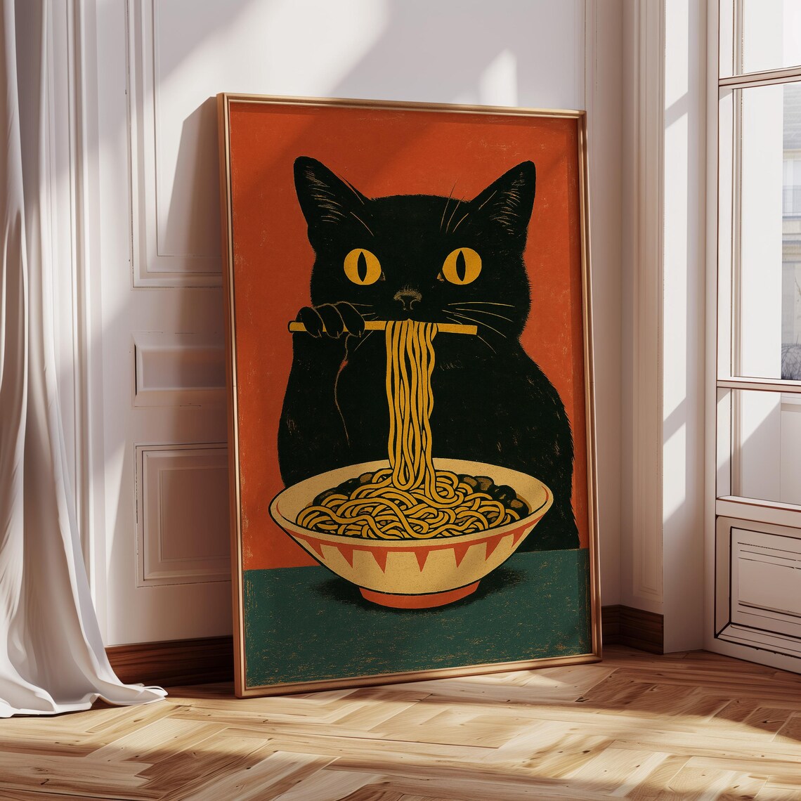 Black Cat Eating Ramen, Funny Retro Japanese Style