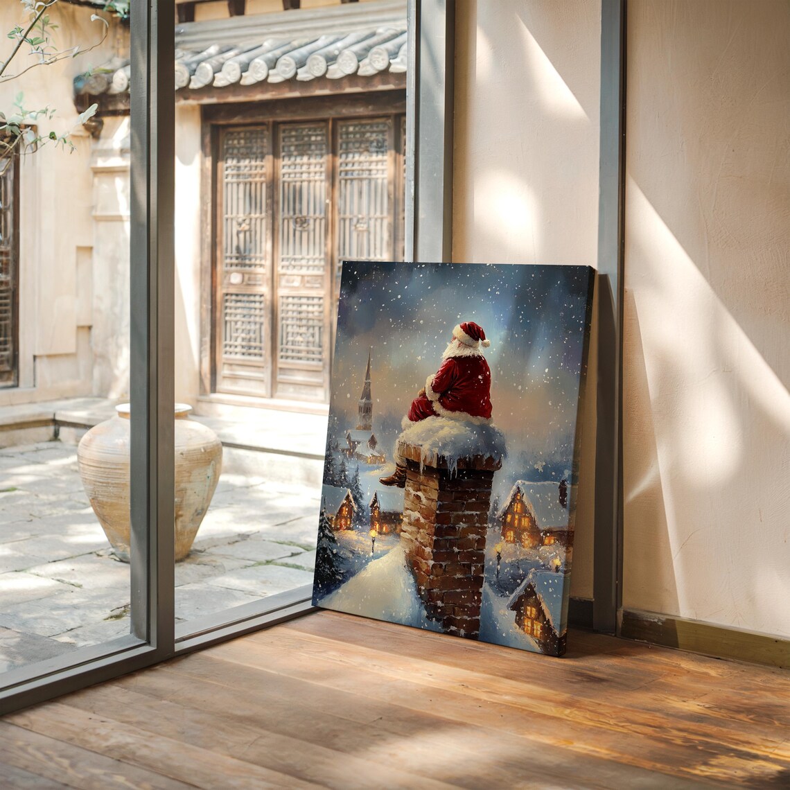 Santa Sitting On Snowy Chimney Above Glowing Village Christmas Poster - Image 5