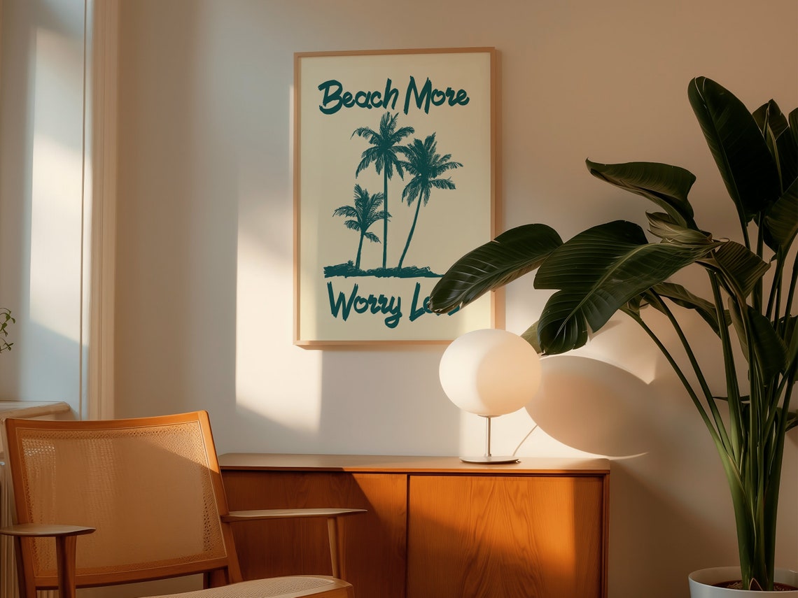 Beach More Worry Less Palm Tree Tropical Surf Quote Wall Poster - Image 2