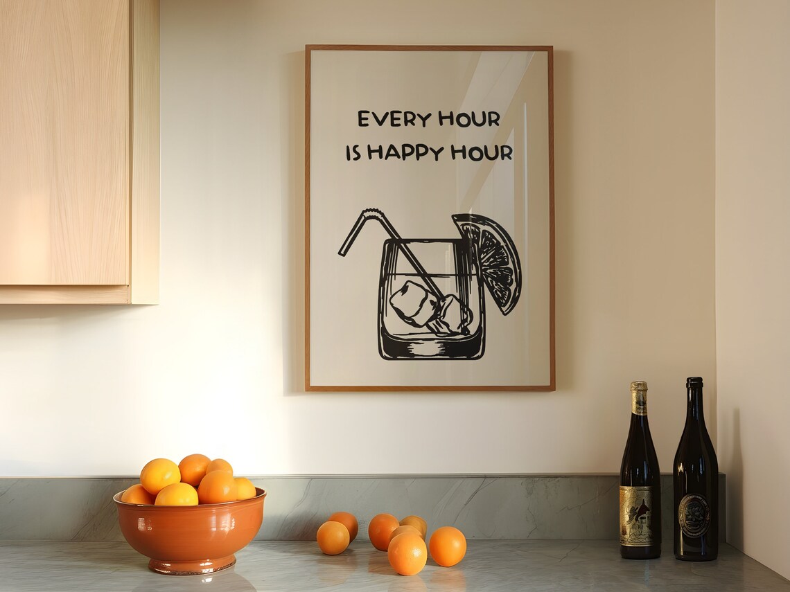 Every Hour Is Happy Hour Cocktail Quote Black Line Bar Wall Poster - Image 2