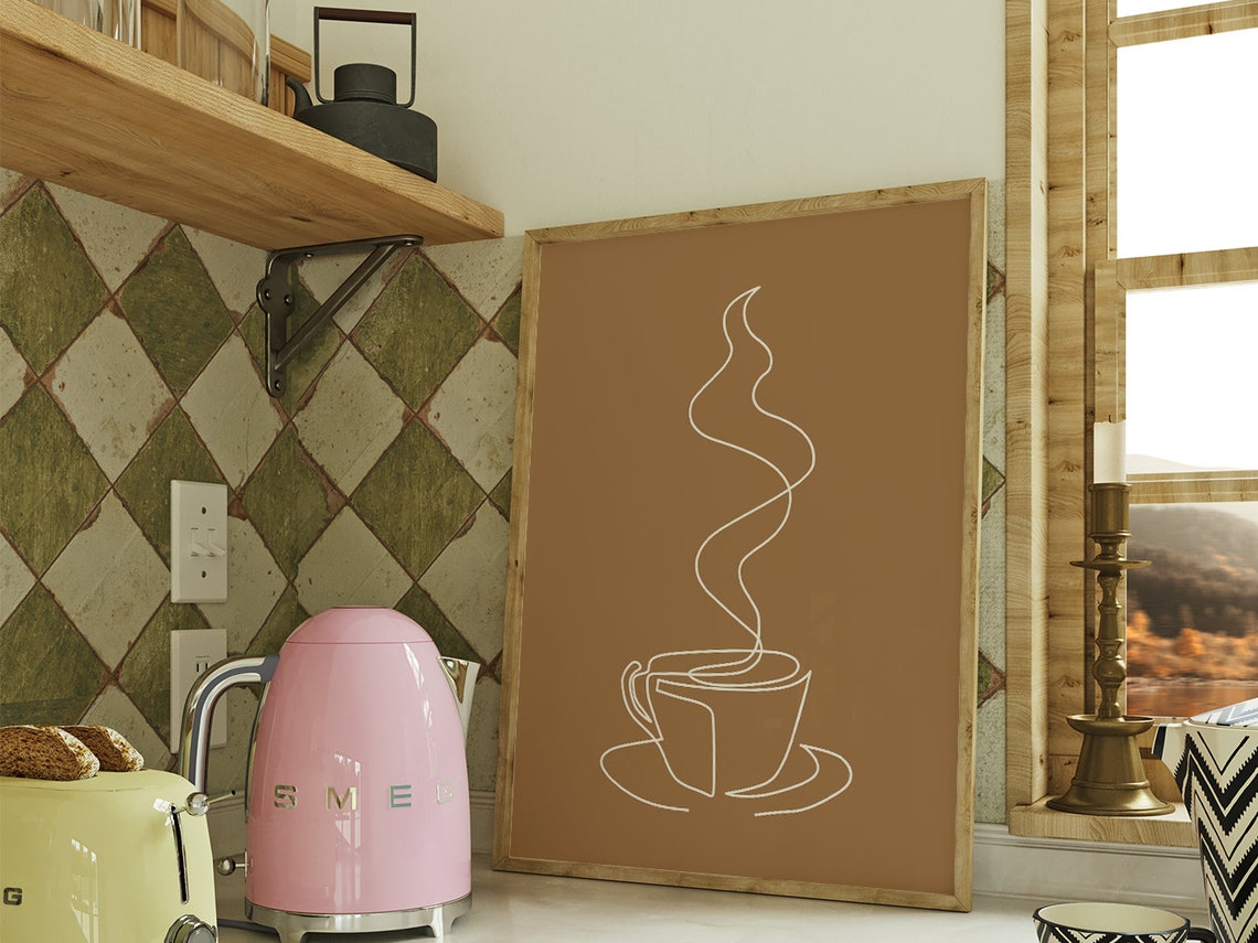 Coffee Cup One Line Art Steaming Cup Brown Tan Modern Kitchen Poster - Image 4