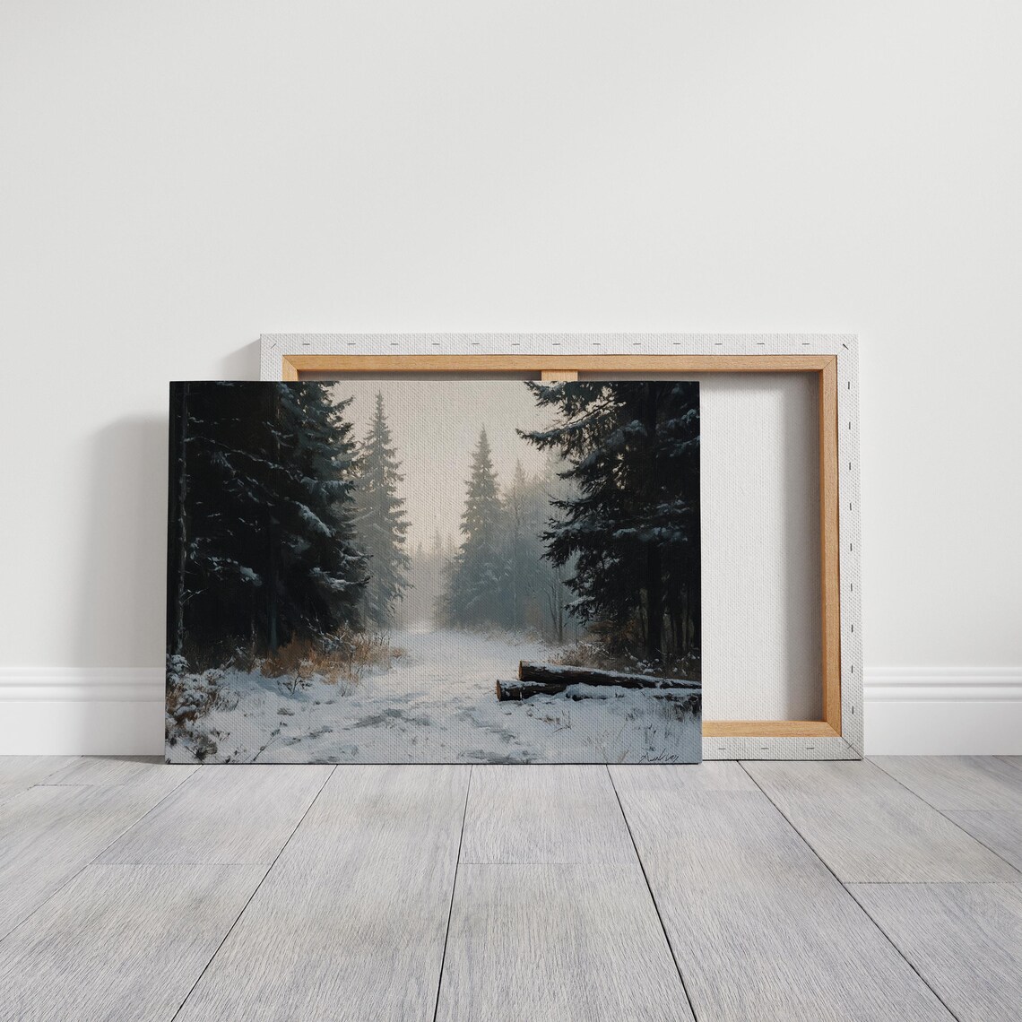 Winter Forest Path, Snowy Pine Tree Painting - Image 2