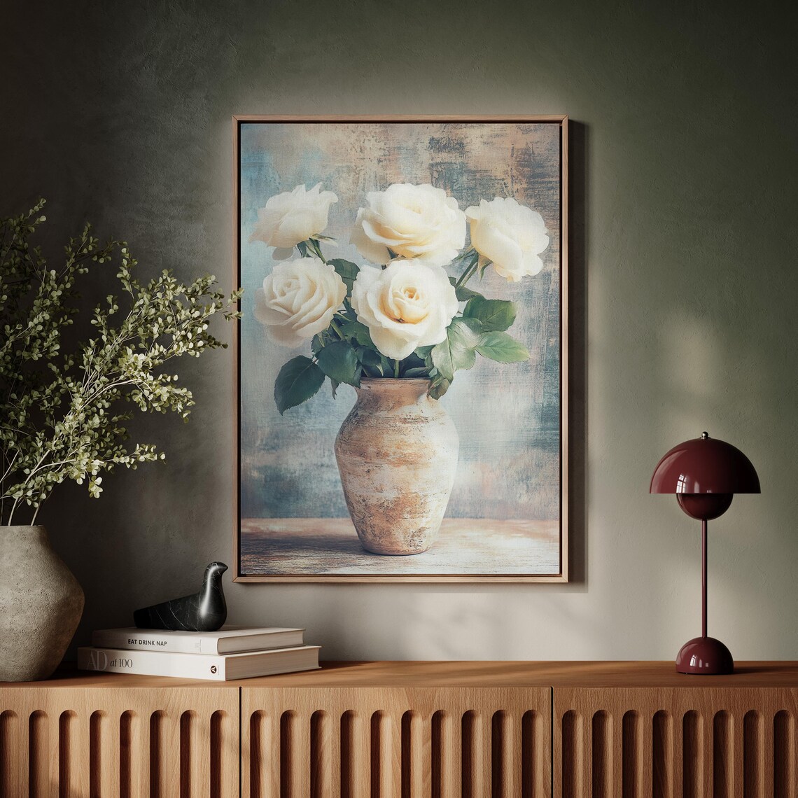 White Roses In Rustic Vase Cottagecore Floral Still Life Wall Art - Image 5