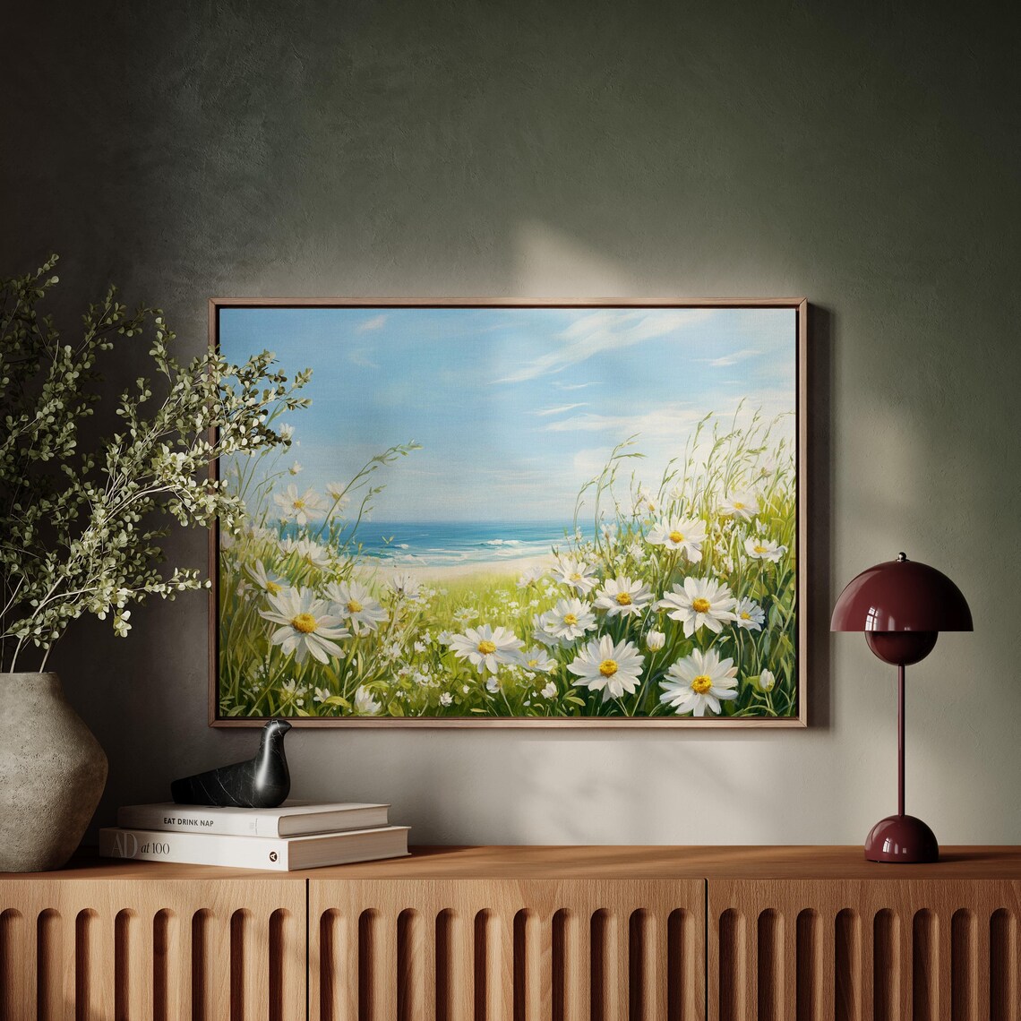 Coastal Daisy Meadow Ocean Blue Sky Serene Floral Landscape Poster - Image 2