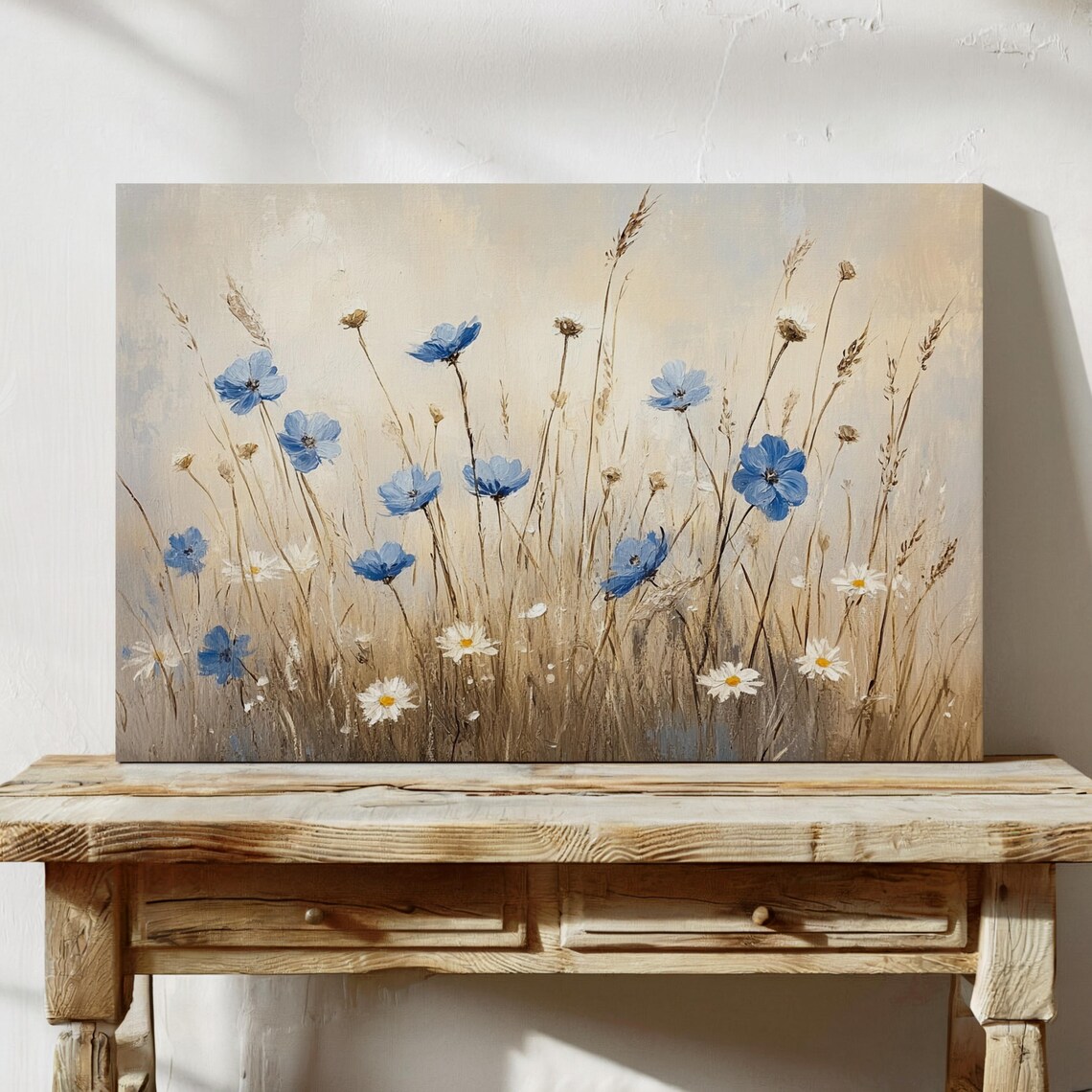 Blue Wildflowers In Golden Meadow Soft Beige Floral Wall Art - Image 3