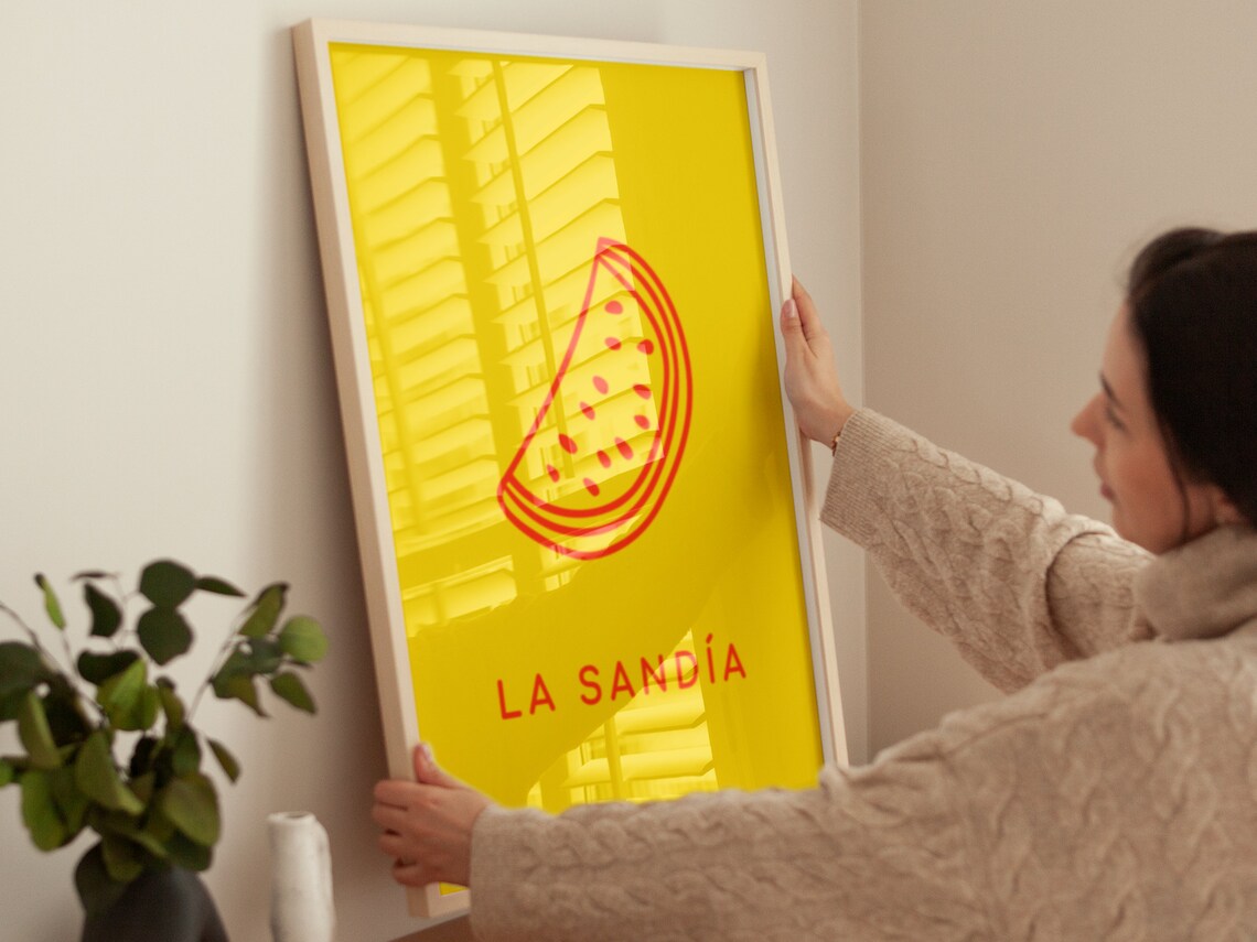 La Sandia Mexican Loteria Watermelon Slice Line Art Yellow Wall Poster - Image 4