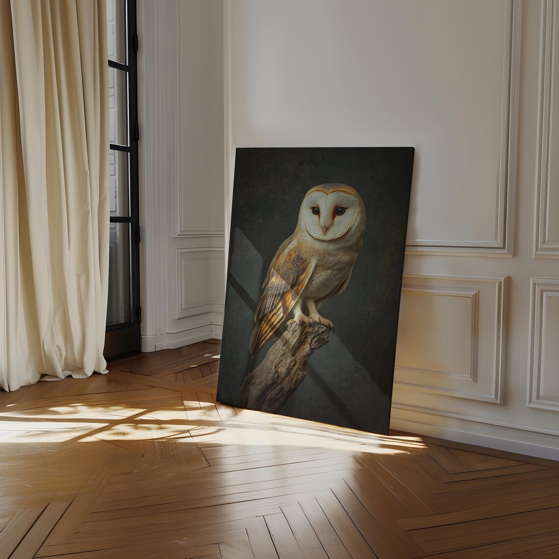 Barn Owl Perched on Branch Moody Wildlife Photography Wall Art Poster - Image 3