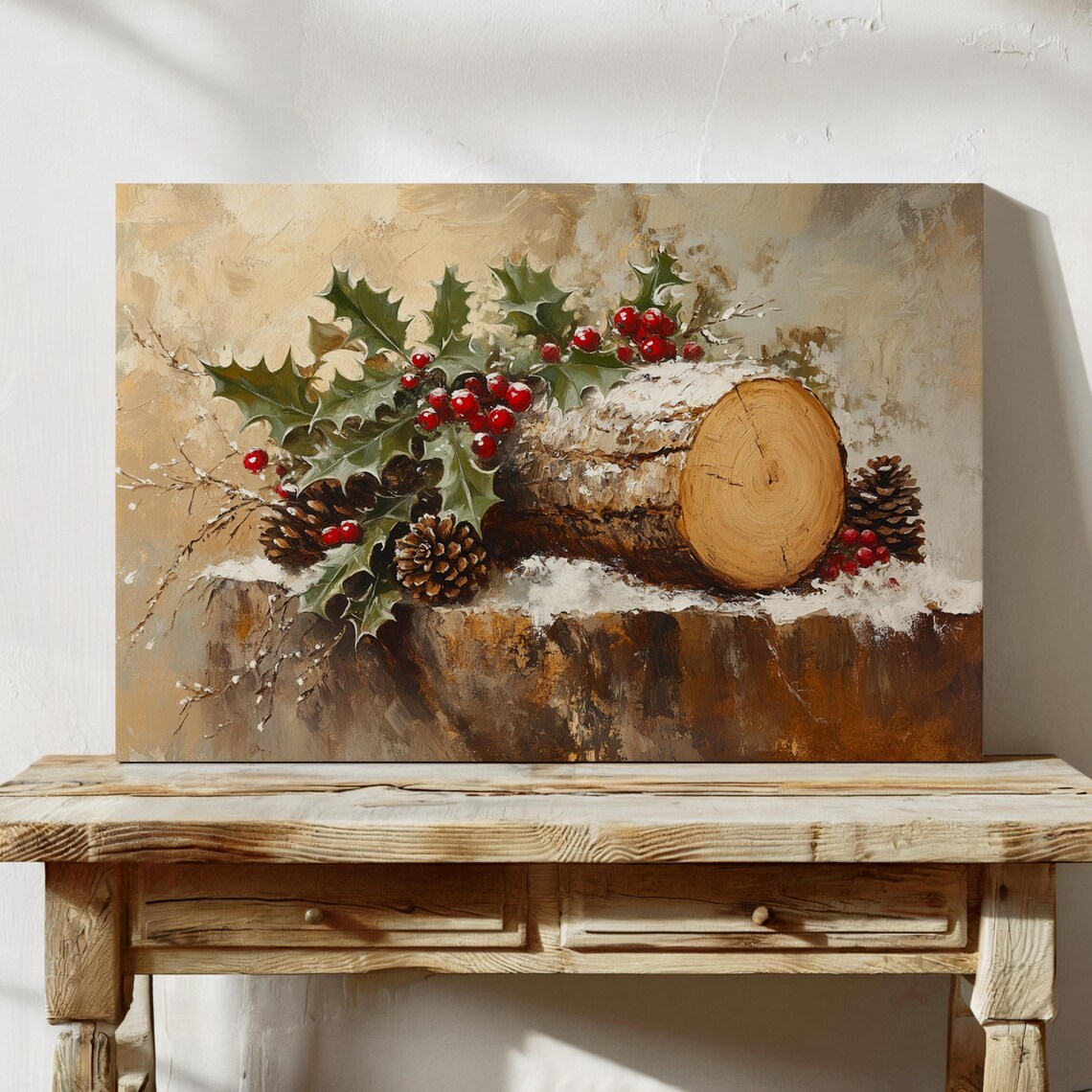 Rustic Christmas Log With Holly Berries And Pinecones Holiday Print