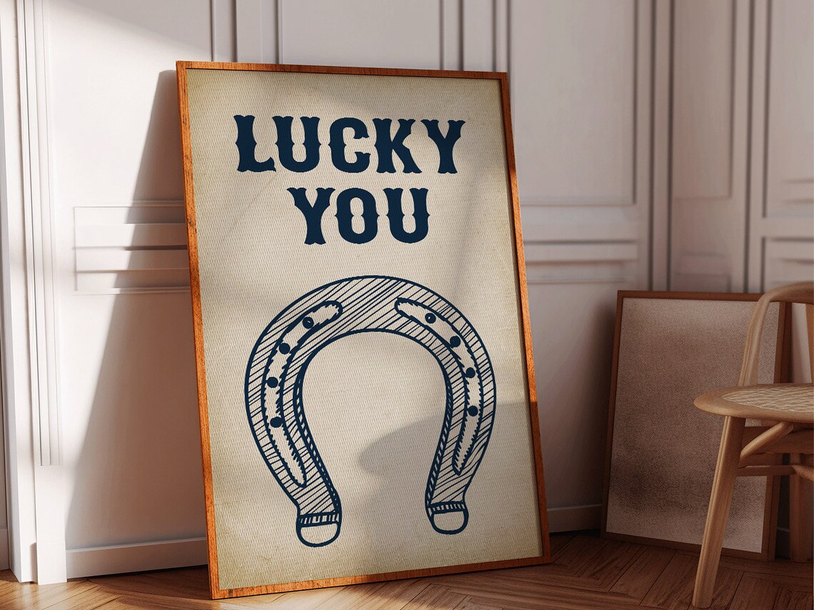 Lucky You Navy Horseshoe Vintage Western Positive Affirmation Art Poster - Image 2