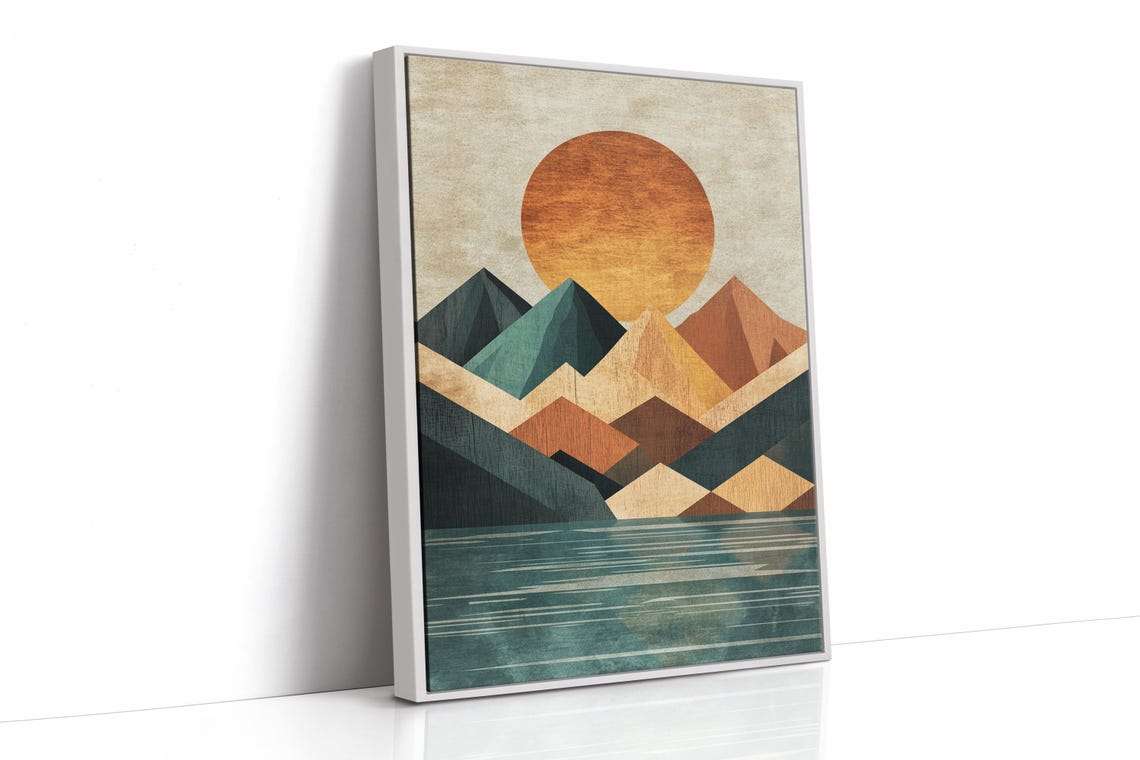Modern Geometric Mountain Print Abstract Nature Art With Sun And Lake Earthy Tones Wall Decor For Home Office Or Gift - Image 3