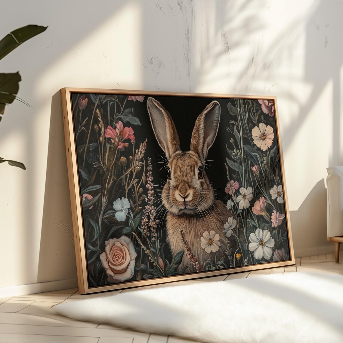Brown Rabbit Among Wildflowers Dark Botanical Floral Animal Art Print