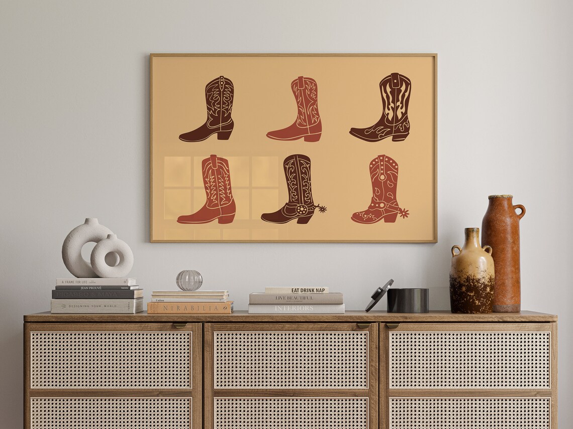 Western Cowboy Boots Pattern Rust Brown Retro Cowgirl Wall Poster - Image 2