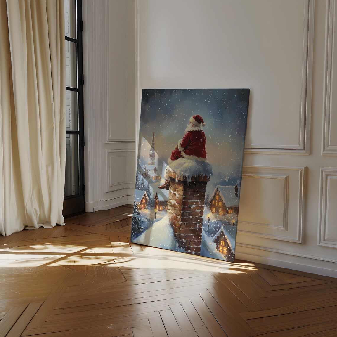 Santa Sitting On Snowy Chimney Above Glowing Village Christmas Poster - Image 4