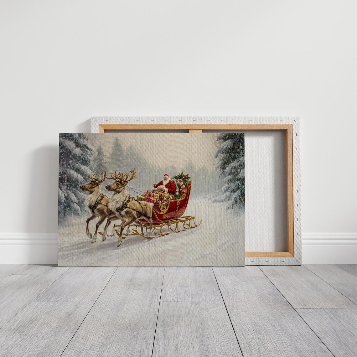 Santa Sleigh Ride Christmas Art Print Festive Holiday Decor Classic Santa And Reindeer Scene Vintage Winter Wonderland Painting - Image 3