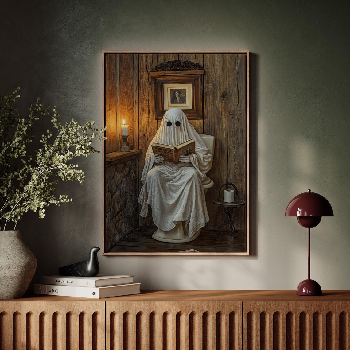 Quirky Ghost Reading On Toilet Rustic Bathroom Humorous Spooky Wall Art - Image 5
