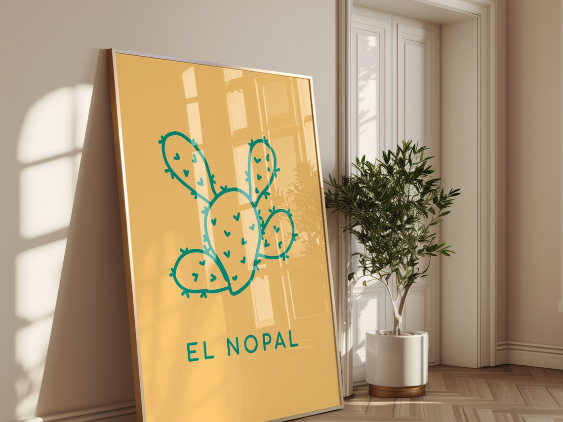 El Nopal Prickly Pear Cactus Green Line Art Mustard Folk Art Poster - Image 3