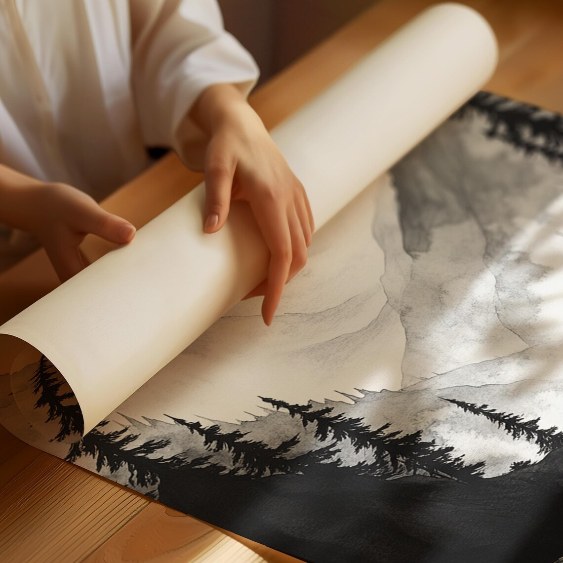 Mountain Misty Forest Landscape, Minimalist Nature Illustration - Image 2