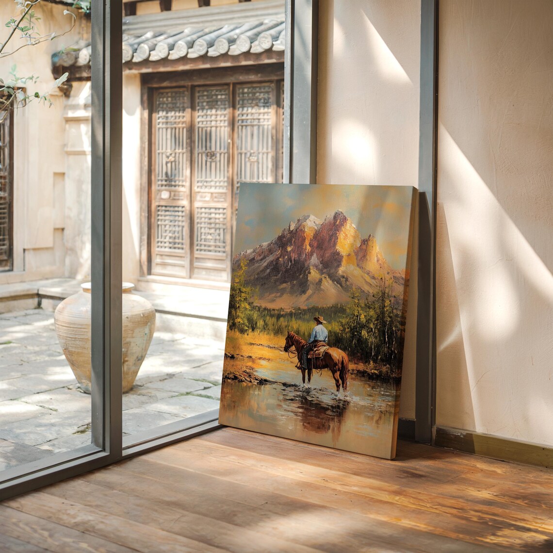 Cowboy And Horse Mountain Art Print, Rustic Ranch - Image 3