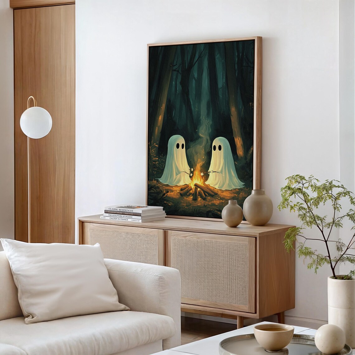 Adorable Ghost Duo Campfire Roasting Marshmallows Spooky Forest Wall Poster - Image 3