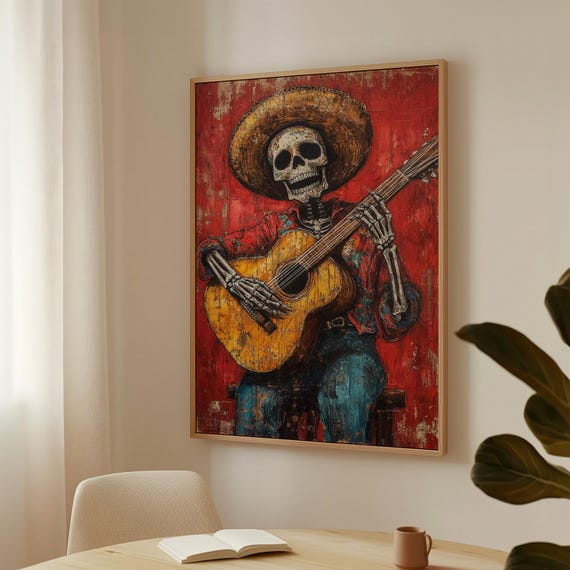 Day Of The Dead Skeleton Guitarist Art Mexican Folk Art Print Rustic Western Decor Dia De Los Muertos Musician Cowboy Skull