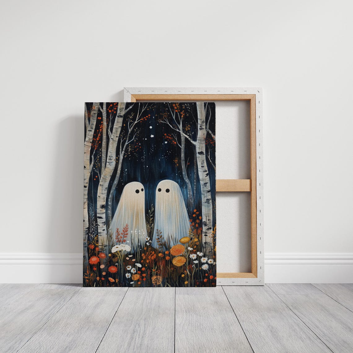 Two Friendly Ghosts in Birch Woods Fall Flowers Halloween Wall Print - Image 4