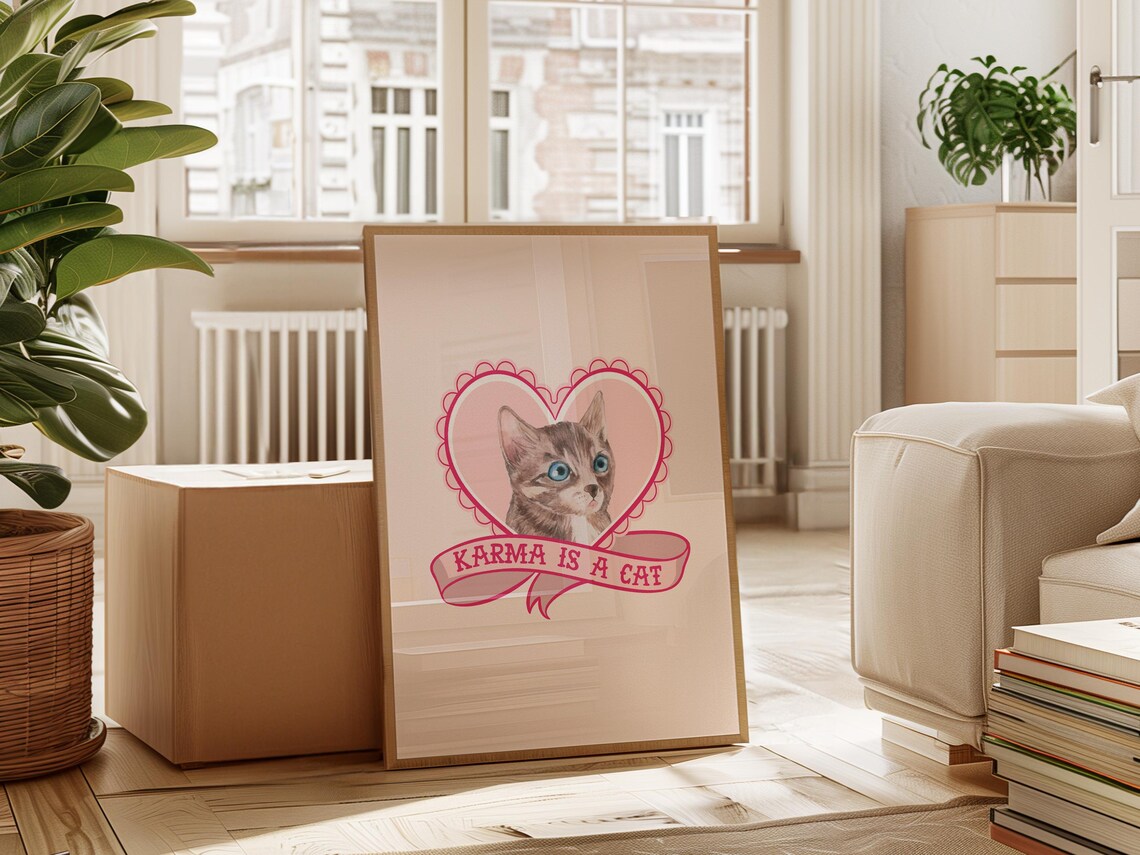 Karma Is A Cat Pink Heart Kitten Banner Whimsical Cat Lover Wall Poster - Image 4
