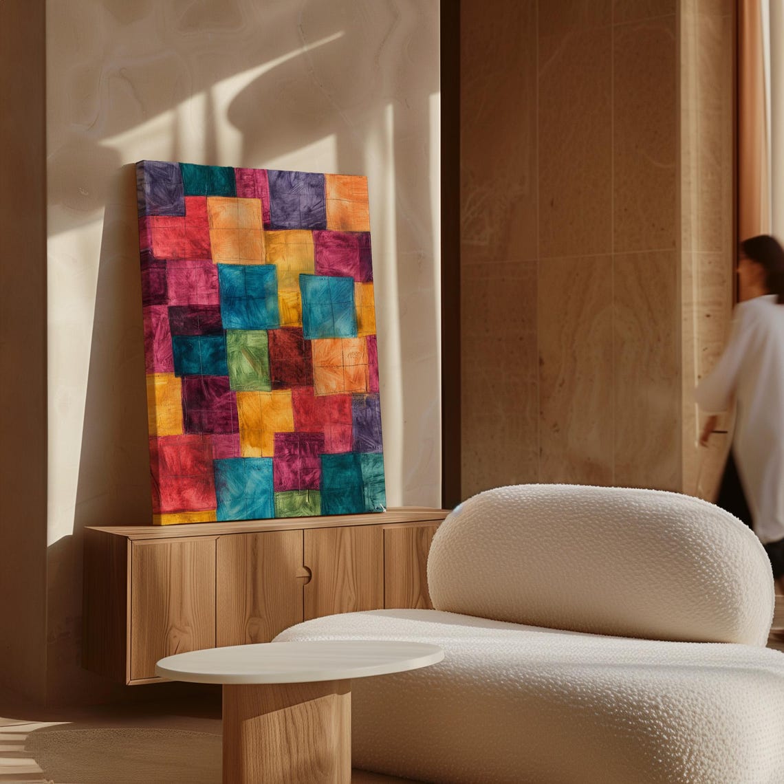 Bold Abstract Artwork Featuring Vibrant Geometric Squares In Blue Red Orange And Green Tones With Textured Brushstrokes - Image 4
