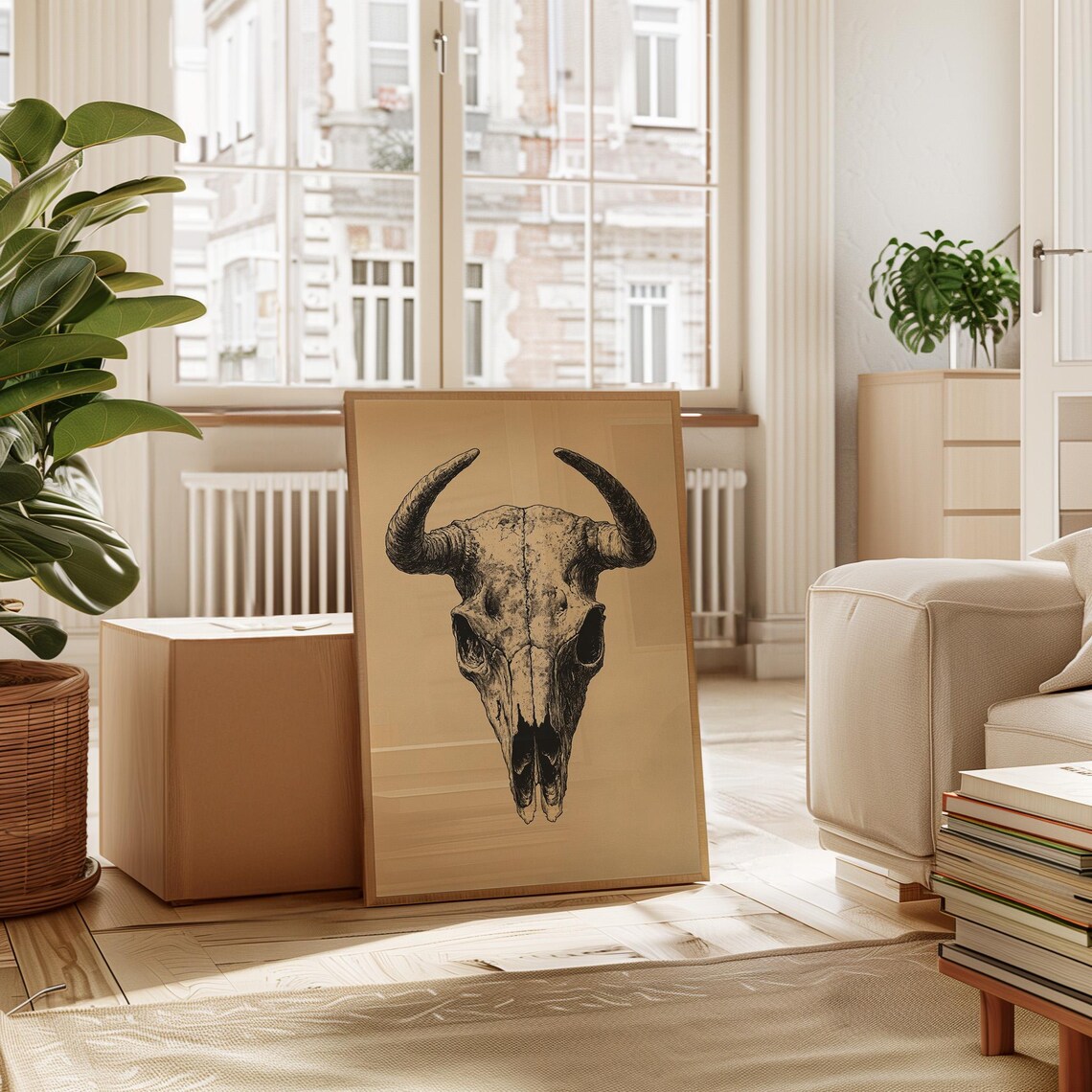 Rustic Buffalo Skull With Long Horns Western Ink Illustration Poster - Image 2
