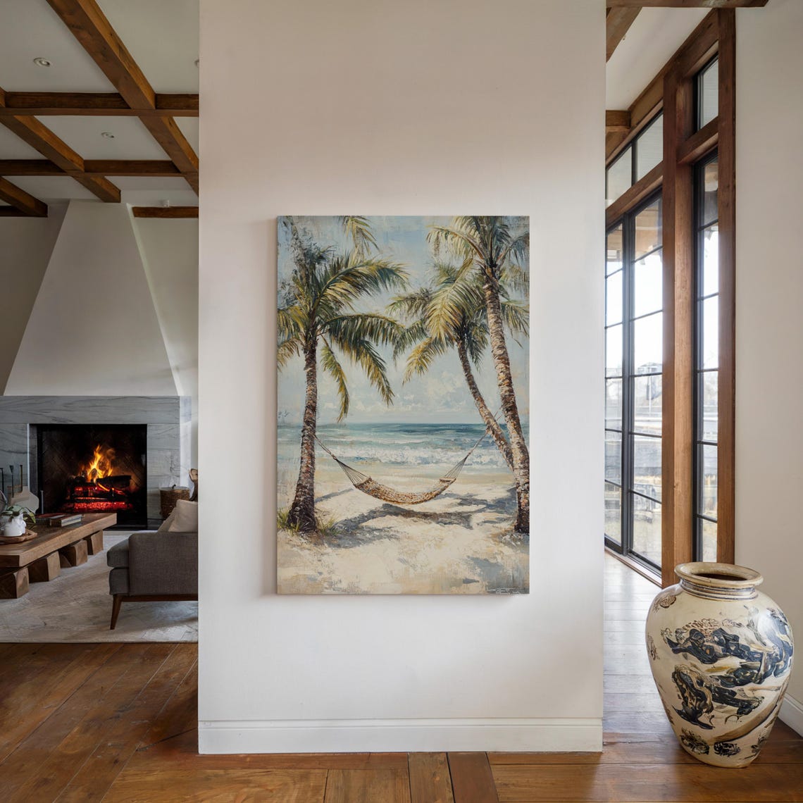 Tropical Beach Hammock Between Palm Trees Ocean View Art Poster - Image 2