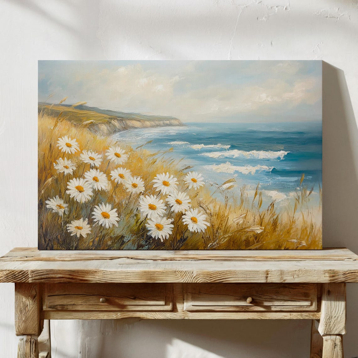 Coastal Daisy Meadow Golden Grass Cliffs Ocean View Seaside Print - Image 5