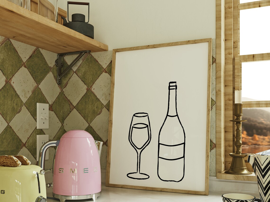 Wine Glass And Bottle Minimalist Line Drawing Modern Kitchen Wall Poster - Image 2