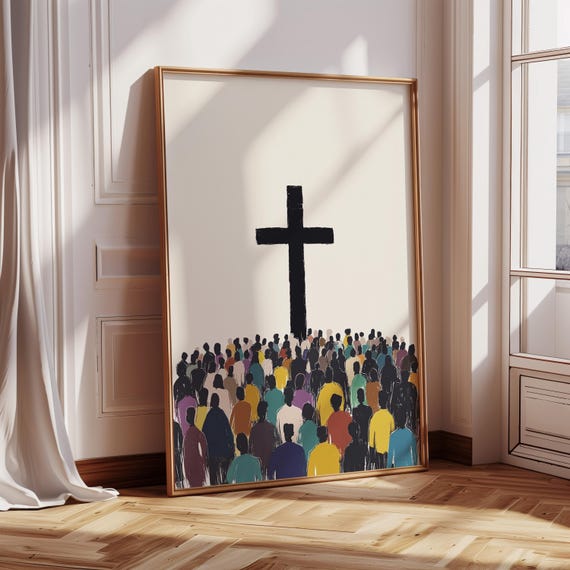 Modern Christian Wall Art Print Crowd Gathered At Cross Illustration Faith Based Home Decor For Church Or Spiritual Gift