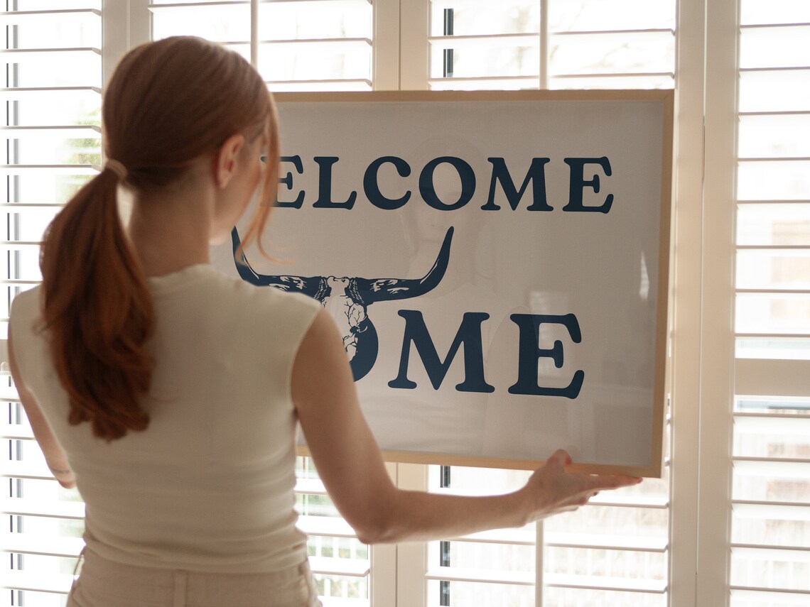 Welcome Home Longhorn Skull Navy Boho Western Ranch Decor Poster - Image 4