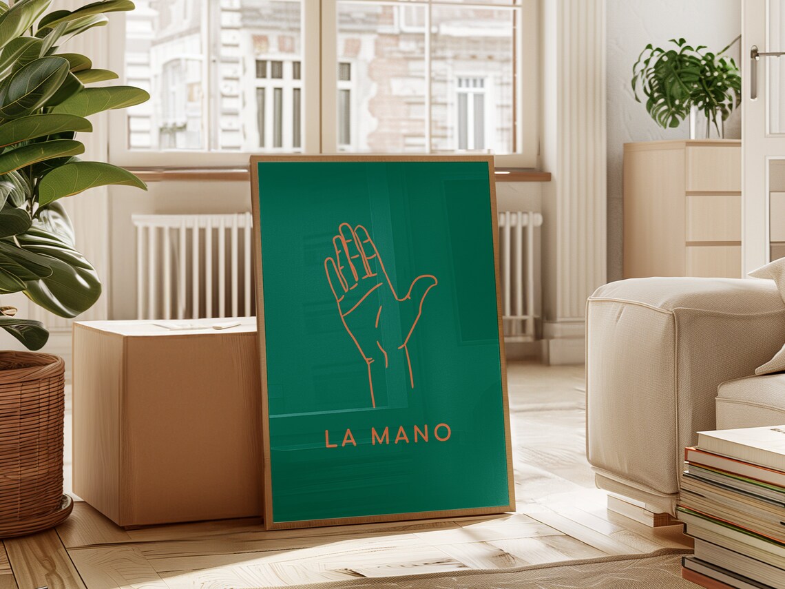 La Mano Line Art Hand Mexican Loteria Style Green Boho Wall Poster - Image 4