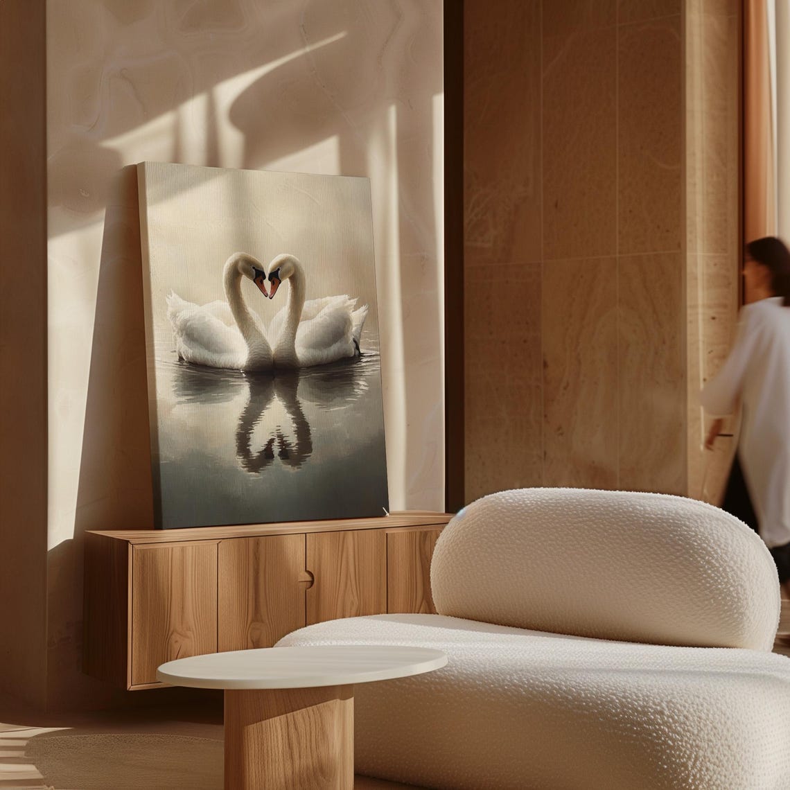 Two White Swans Heart Shape Calm Water Reflection Romantic Art Print - Image 4
