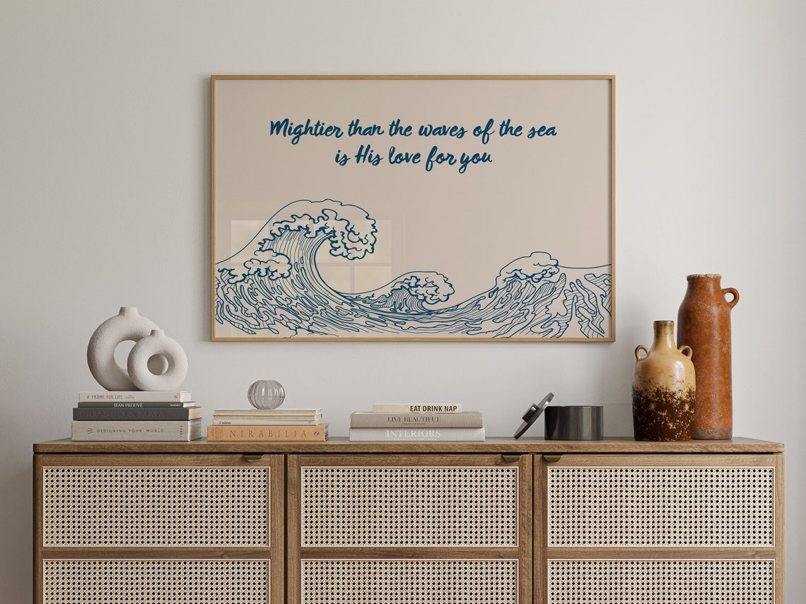 Mightier Than The Waves Blue Ocean Wave Faith Scripture Wall Poster - Image 4