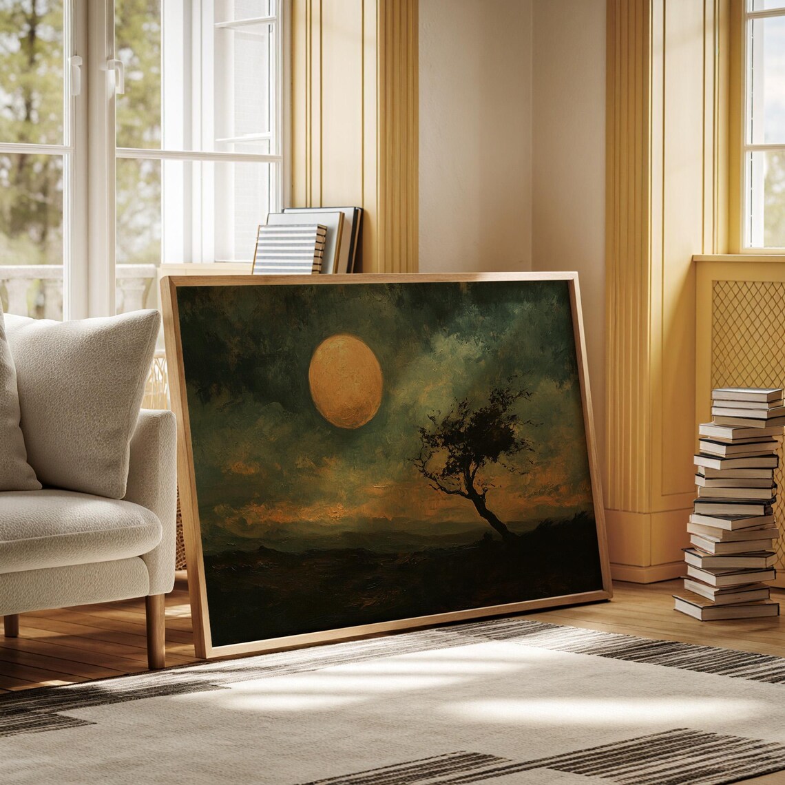 Twilight Moon Over Windswept Tree, Moody Landscape - Image 3