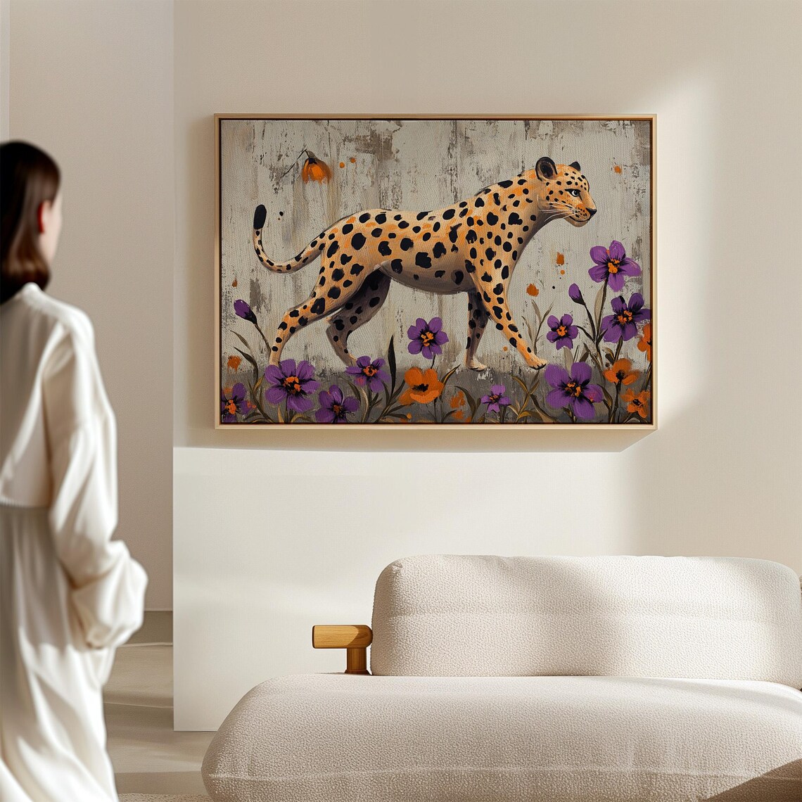 Elegant Leopard Purple Orange Flowers Distressed Background Wildlife Poster - Image 4