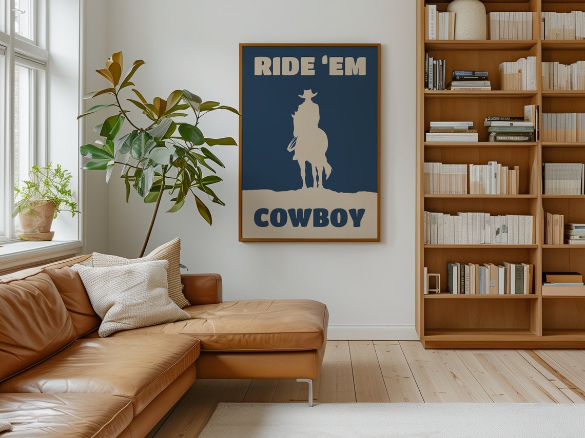 Ride Em Cowboy Silhouette Navy Blue Retro Western Wall Art Poster - Image 2