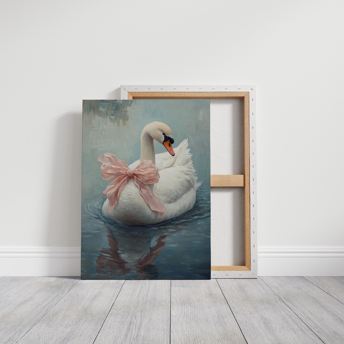 White Swan Pink Bow Blue Water Serene Oil Painting Nature Wall Art - Image 3