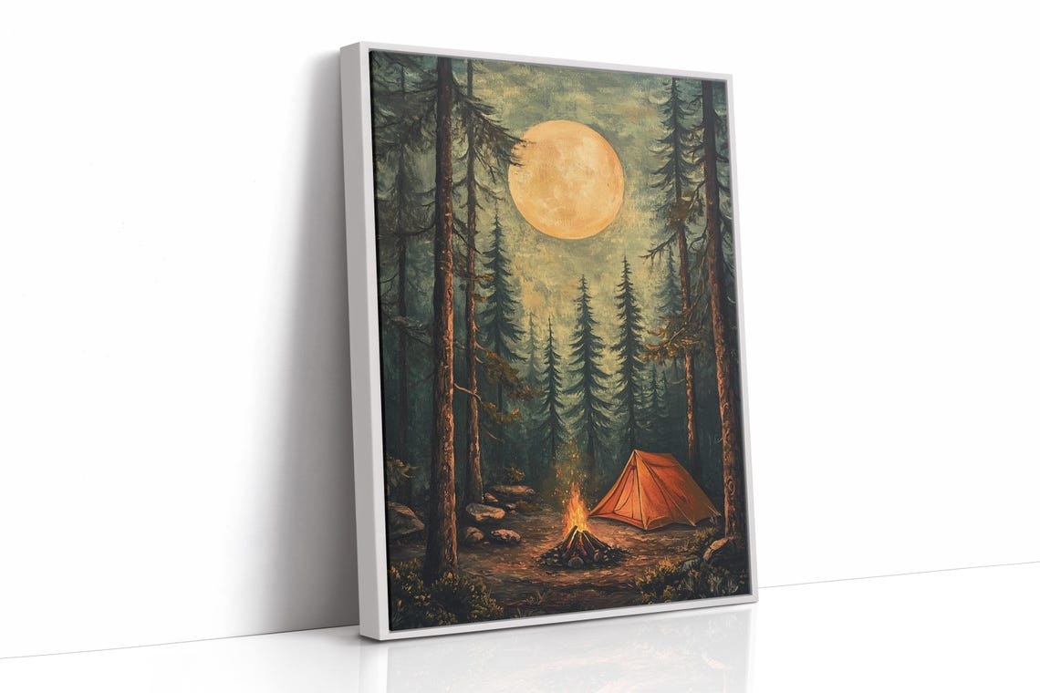 Moonlit Camping Scene Print Cozy Campfire Night Rustic Forest Art Wilderness Adventure Wall Decor Tent Under Full Moon - Image 3