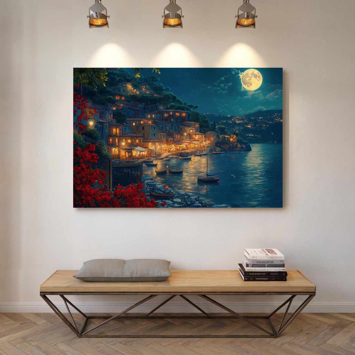 Moonlit Coastal Village Night Boats Lights Red Flowers Poster - Image 5
