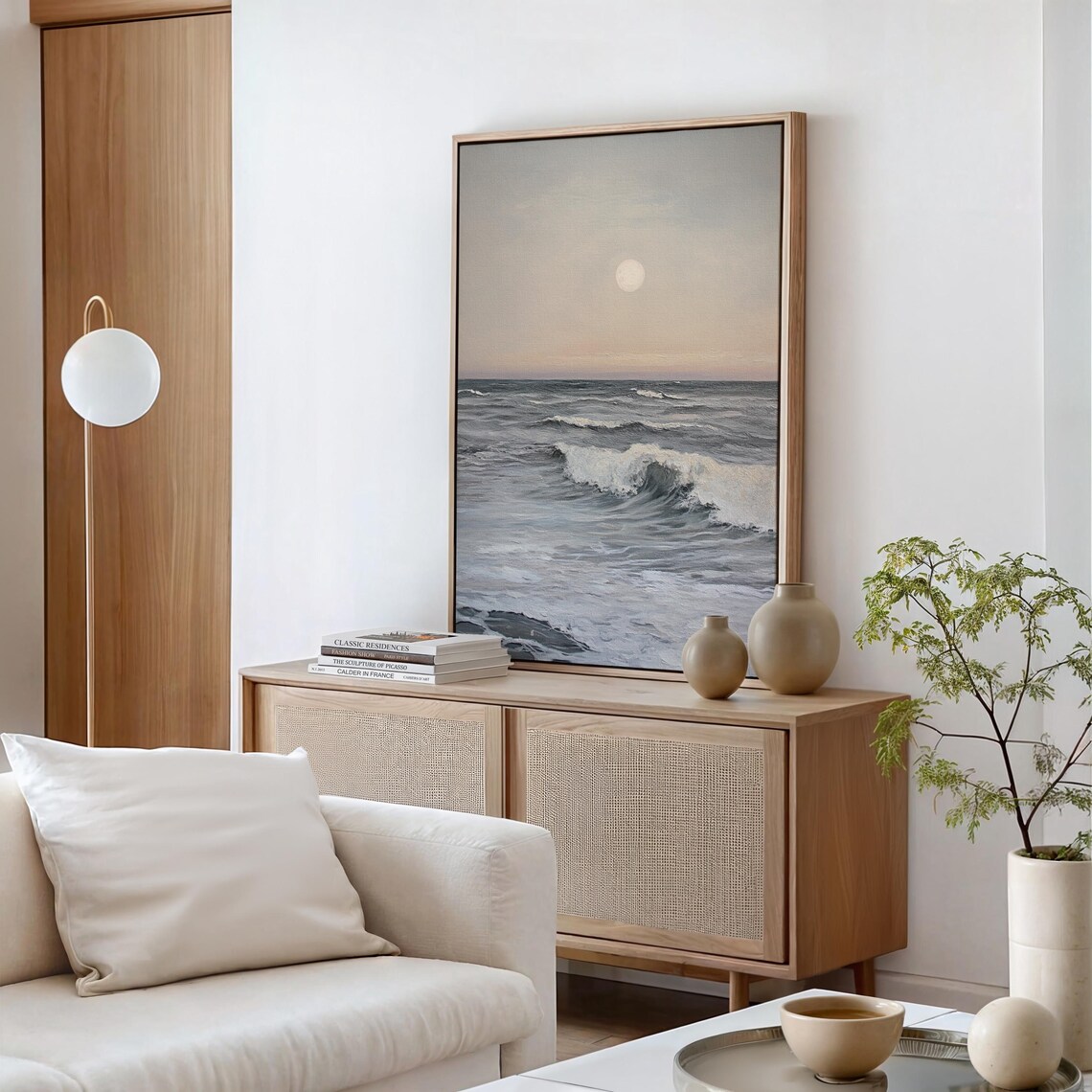 Serene Moonlit Ocean Print Tranquil Beach Waves Full Moon Seascape Coastal Wall Art Minimalist Nautical Decor - Image 3