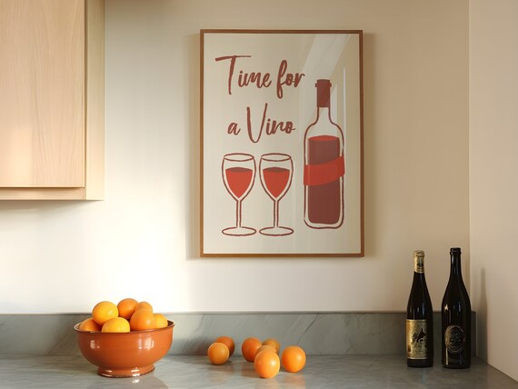 Time for a Vino Hand Lettered Wine Bar Kitchen Quote Typography Poster